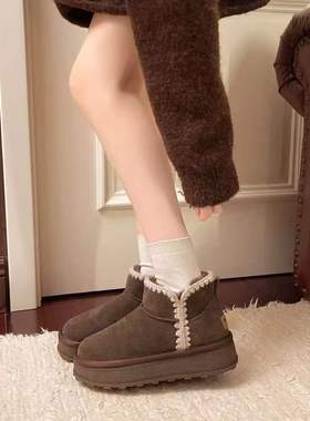巨日磨砂皮蕾丝花边雪地靴2025冬款2656615防滑厚底中跟棉鞋短靴