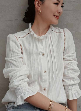 JJNFR by Jennifer正品代购 挑洞荷叶开襟上衣白色花边复古衬衣