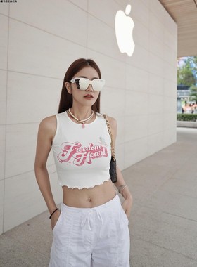 许路儿LUREHSU正品代购R231158木耳边装饰印花无袖短T背心性感