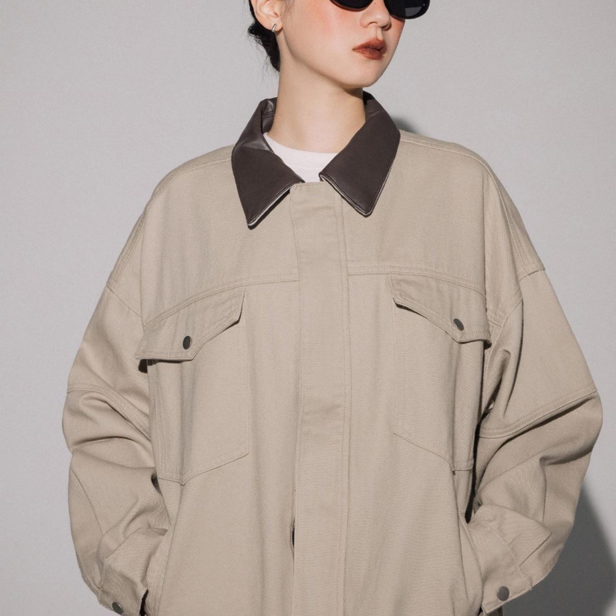 PAZO皮革领片拼接牛仔外套夹克