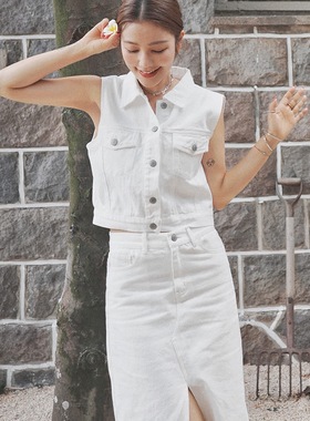 许路儿LUREHSU正品代购牛仔双口袋翻领短版背純白开衩休闲长裙