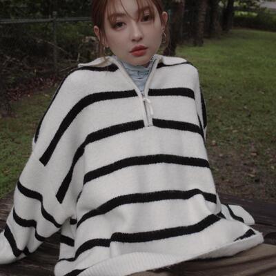 PAZO针织polo领立领套头条纹毛衣