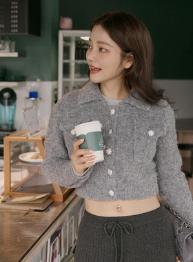 许路儿LUREHSU正品代购R232178铁扣翻领针织开襟灰色小香风毛衣