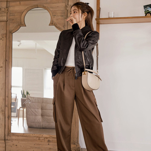 高腰利落许路儿长裤驼色口袋宽