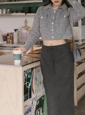 许路儿LUREHSU正品代购R232145坑条纹针织长裙灰色贴身毛线裙