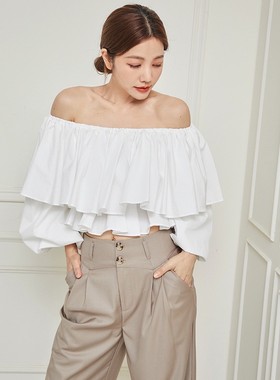 许路儿LUREHSU正品代购R221085 荷叶边蓬袖白色棉麻平口宽松上衣