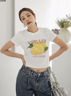 许路儿LUREHSU正品代购R241135柠檬印花短袖T恤粉色字母撞色上衣