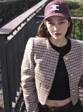 许路儿LUREHSU正品代购R232155 羊毛混紡呢绒格纹咖色短西装外套