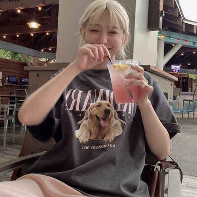 短袖宽松薄印花狗狗棉男女款over