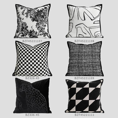 北欧黑白线条沙发抱枕客厅法式杨梅树雪尼尔靠枕样板间装饰靠垫