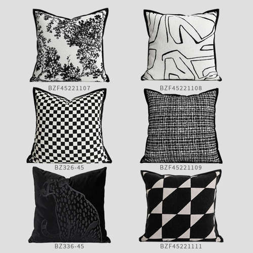 北欧黑白线条沙发抱枕客厅法式杨梅树雪尼尔靠枕样板间装饰靠垫