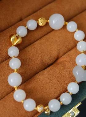 天然和田玉白玉手串8mmDlY天然翡翠手链配925银佩珠男女款首饰