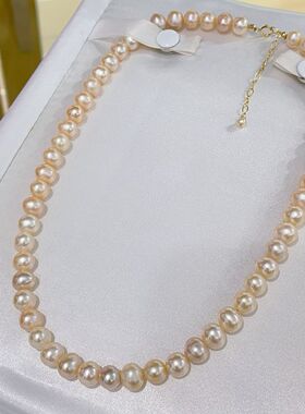 天然淡珍珠项链3-4mm近圆微瑕加美国进口14k包金手工编织珍珠简约