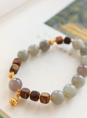 天然和田玉烟紫手串女款10mm圆珠手链转运珠平安祈福925银配饰