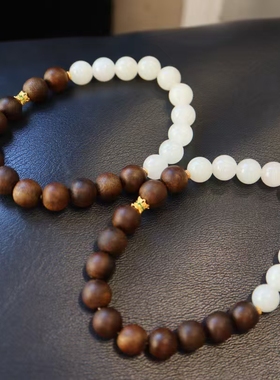 天然和田玉白玉手串8mmDlY天然沉香手链配925银佩珠男女款木珠