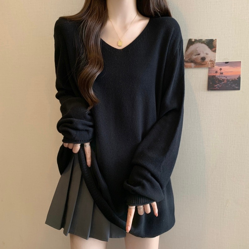 中长款黑色v领打底针织衫大码女装春秋胖mm宽松遮肚毛衣内搭上衣