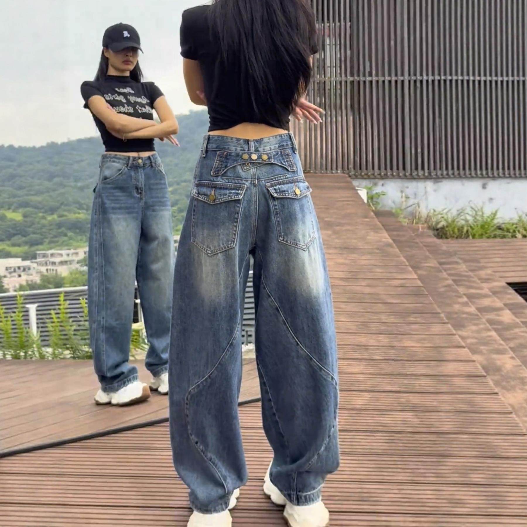 大码加绒弯刀牛仔裤女秋冬季2025新款阔腿裤胖mm显瘦美式直筒裤子