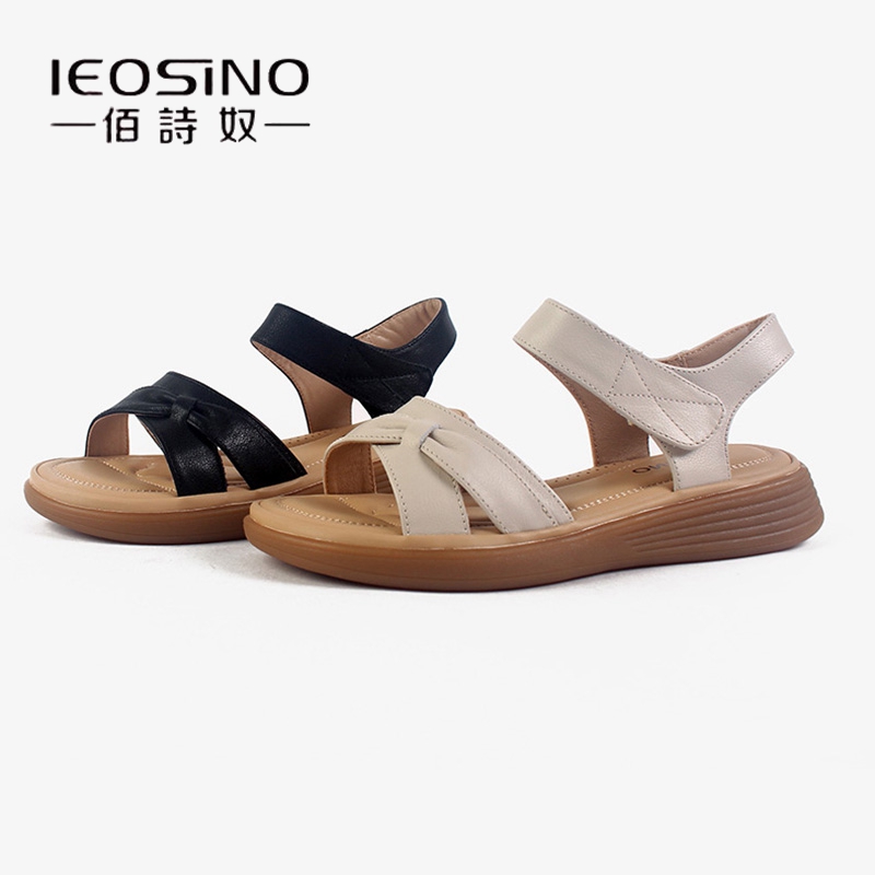 佰诗奴凉鞋女2025夏季新款厚底中老年女牛皮真皮软底妈妈鞋魔术贴