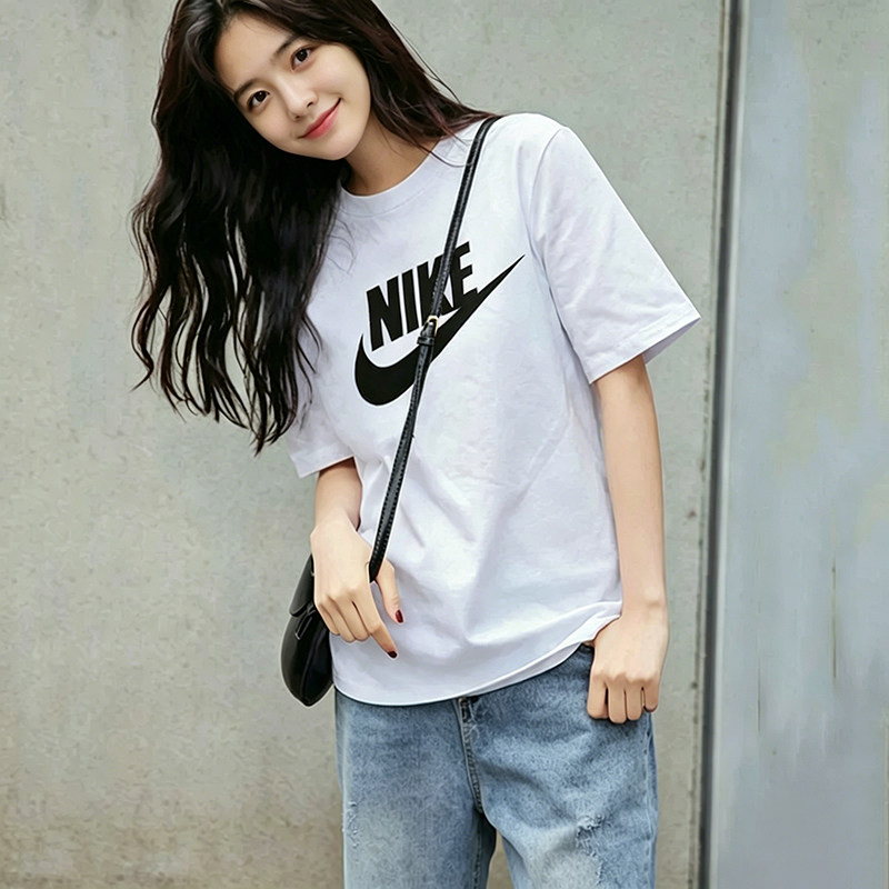NIKE耐克T恤女夏季新款情侣装半袖体恤纯棉圆领休闲宽松白色短袖