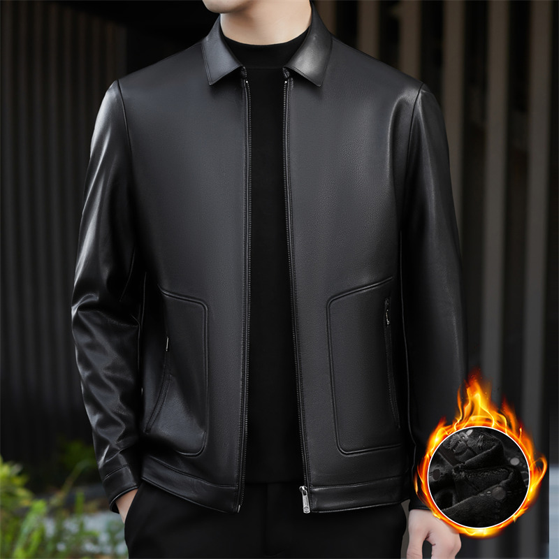 海宁真皮皮衣男翻领商务休闲爸爸绵羊皮夹克中年秋冬加绒保暖外套