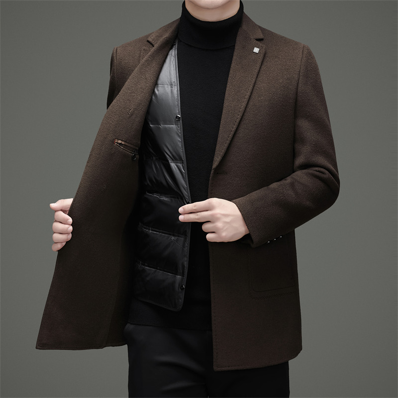 可脱卸羽绒内胆羊毛双面呢字大衣