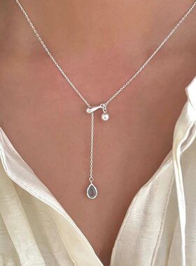 S925纯银蓝色水滴项链女可调节锁骨链ins轻奢网红博主款银饰项链