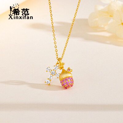 s925纯银拉丝粉钻松果项链女甜美锁骨链十字架项链king小红书同款