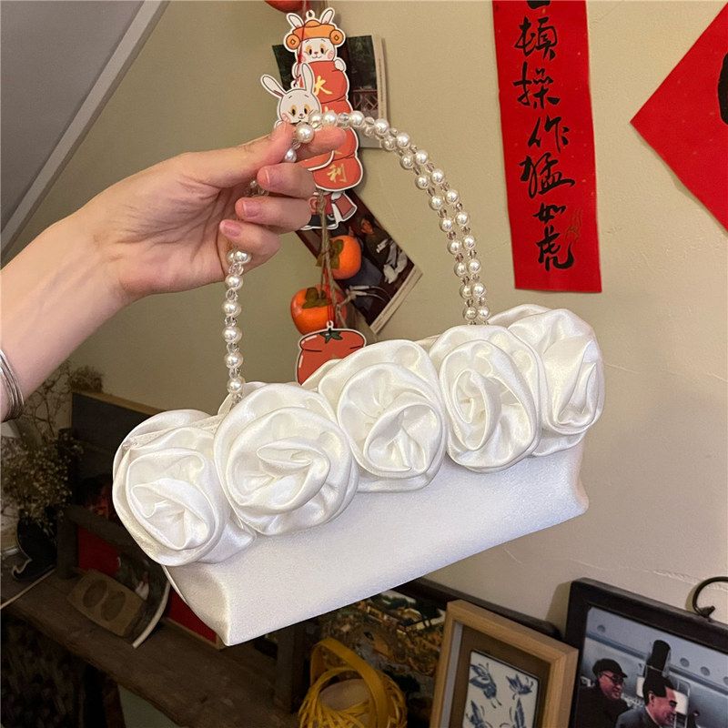 港风法式仙女复古名媛花朵丝绸菜玫瑰花托特包晚宴会水桶手拿包女