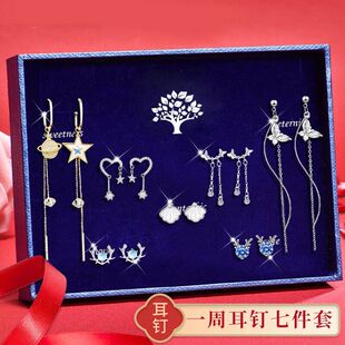 S925银针一周耳钉套装 流苏纯银耳饰生日礼物送女生 高级感轻奢长款
