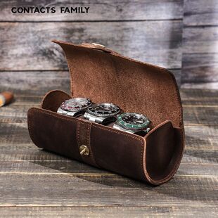 CONTACTS FAMILY复古疯马皮手表盒创意圆形搭扣真皮收纳盒三只装