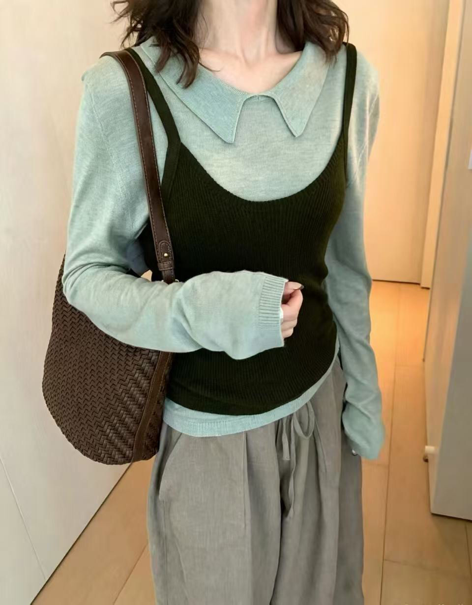 秋款韩系学院风撞色慵懒减龄针织衫两件套打底内搭长袖上衣女