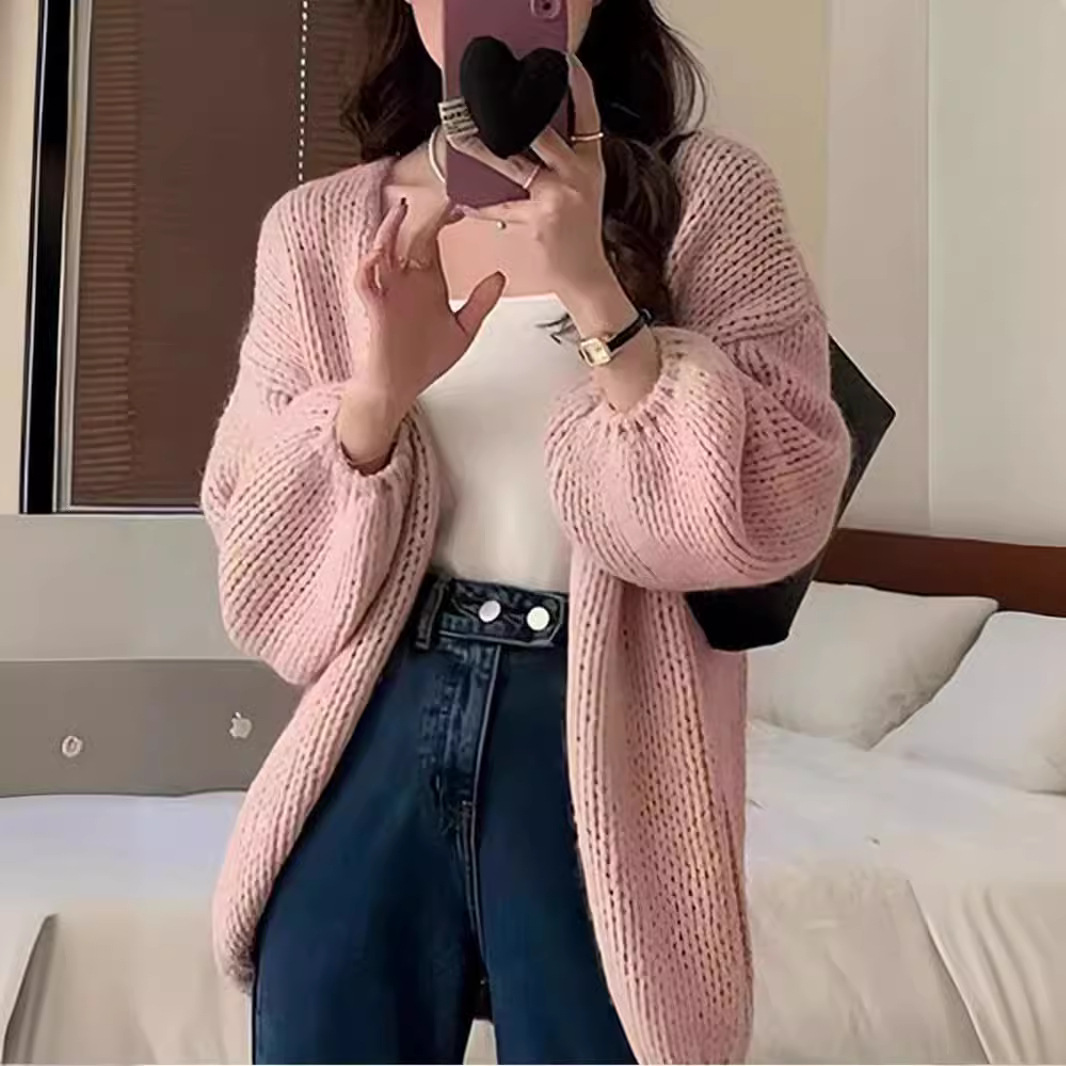 慵懒风软糯马海毛毛衣女外套早秋新款小个子宽松灯笼袖针织衫上衣