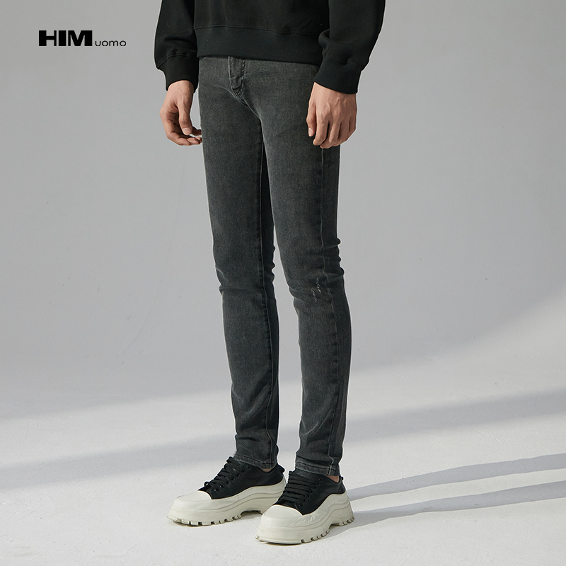 HIM汉崇 水洗做旧修身小脚牛仔裤男紧身弹力潮流休闲裤 2025冬季