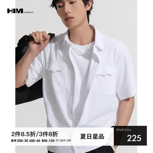 HIM汉崇 休闲工装短袖衬衫男士舒适透气珠地棉方领衬衣 2025夏季
