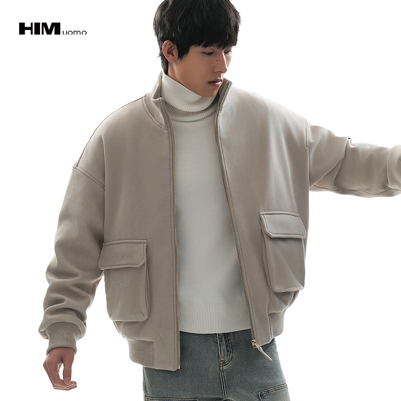 HIM汉崇 工装大口袋立领棉服轻暖仿兔毛绒休闲夹棉外套男2025冬季
