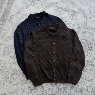 外套 绞花polo领贝壳扣新疆长绒棉休闲老钱风纽扣针织开衫 ICE