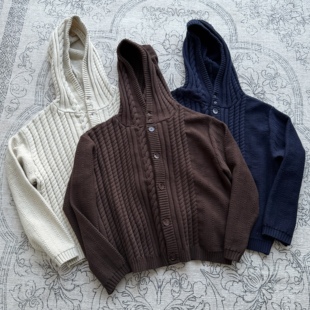 ICE UP纽扣连帽重磅毛衣不规则复古绞花纹羊毛开衫秋冬针织衫外套