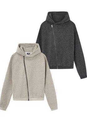 ICE UP进口重磅条纹仿羊毛斜拉链帽衫短宽Boxy百搭开衫卫衣外套