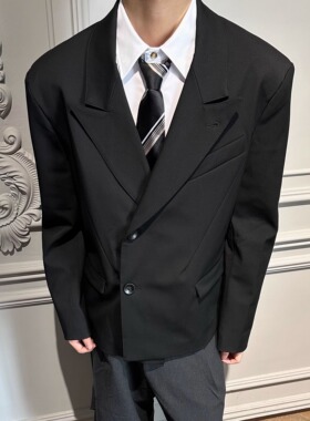 ICE UP高端混纺羊毛两穿宽松垫肩vibe黑色休闲短款西装夹克外套