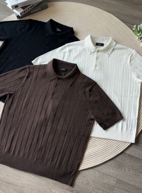 ICE UP纽扣抗皱亲肤澳洲羊毛坑条纹路短款收腰百搭T恤短袖Polo衫