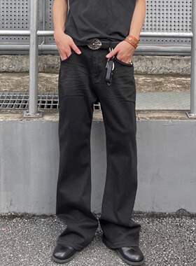 ICE UP荆棘猫须纯黑色做旧立体高弹力弯刀直筒改良517微喇牛仔裤