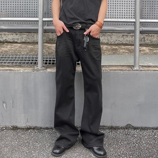 ICE UP荆棘猫须纯黑色做旧立体高弹力弯刀直筒改良517微喇牛仔裤