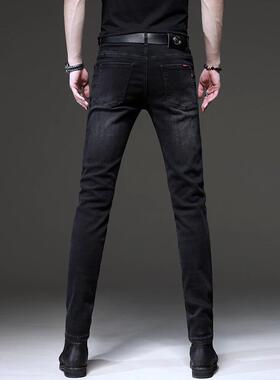 高端秋冬加绒覆古黑色牛仔裤男潮牌修身弹力小脚裤潮流休闲长裤男