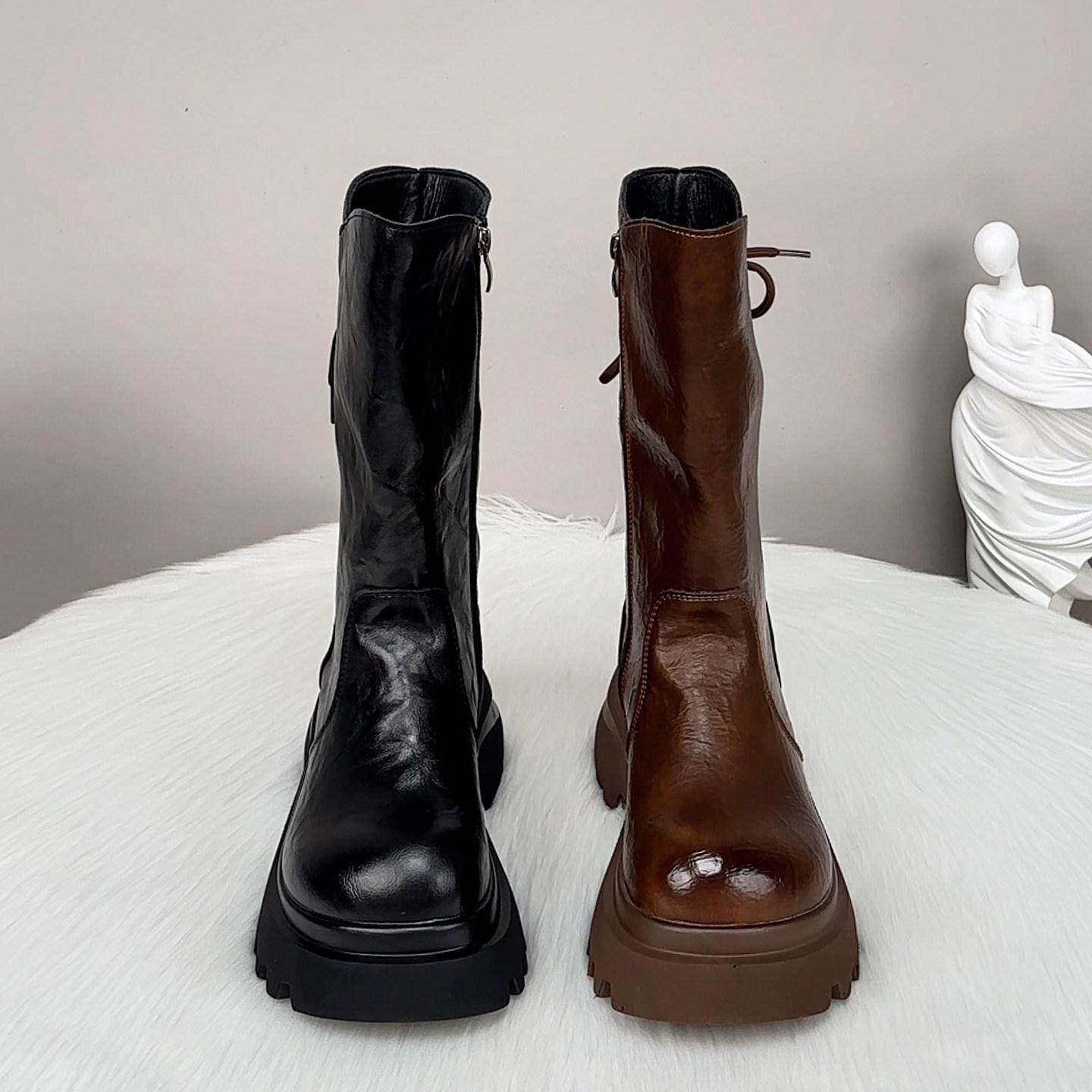 潮牌欧货真皮厚底马丁靴女2025新款秋冬英伦风小个子增高中筒短靴