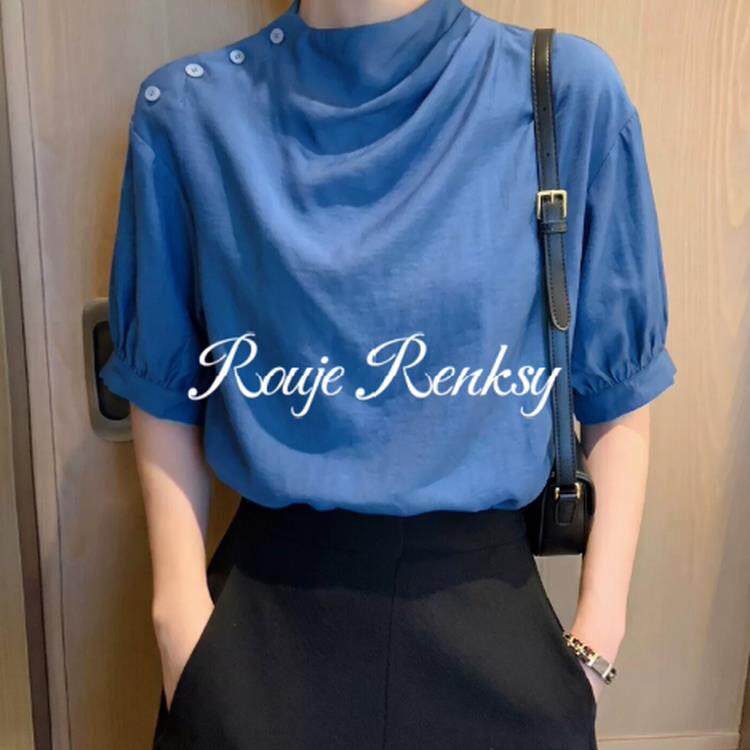 法国Rouje Renksy法式高级感蓝色立领中袖泡泡袖女夏T恤大码内搭