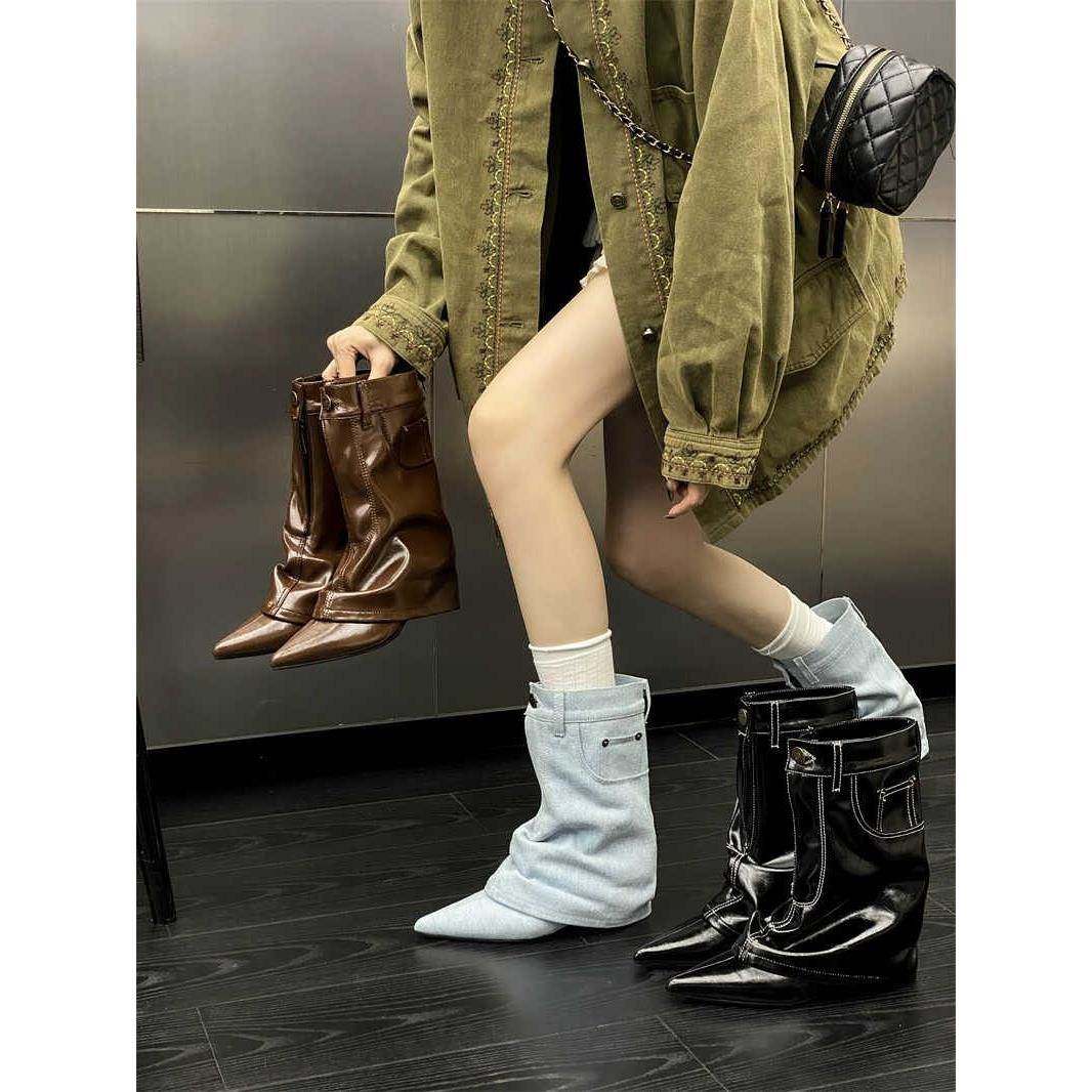 潮牌时髦尖头裤管靴2025秋季新款坡跟厚底金属扣中跟短靴高跟女鞋,女鞋,时装靴,淘宝优惠券,粉丝福利购,淘宝优惠卷