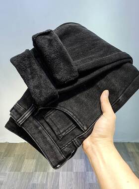 秋冬季黑色加绒加厚牛仔裤男潮牌修身小脚高端百搭休闲弹力男裤子