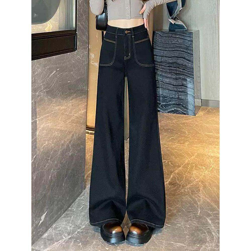 黑色加长阔腿牛仔裤女春秋季2025新爆款小个子垂感显瘦直筒喇叭裤