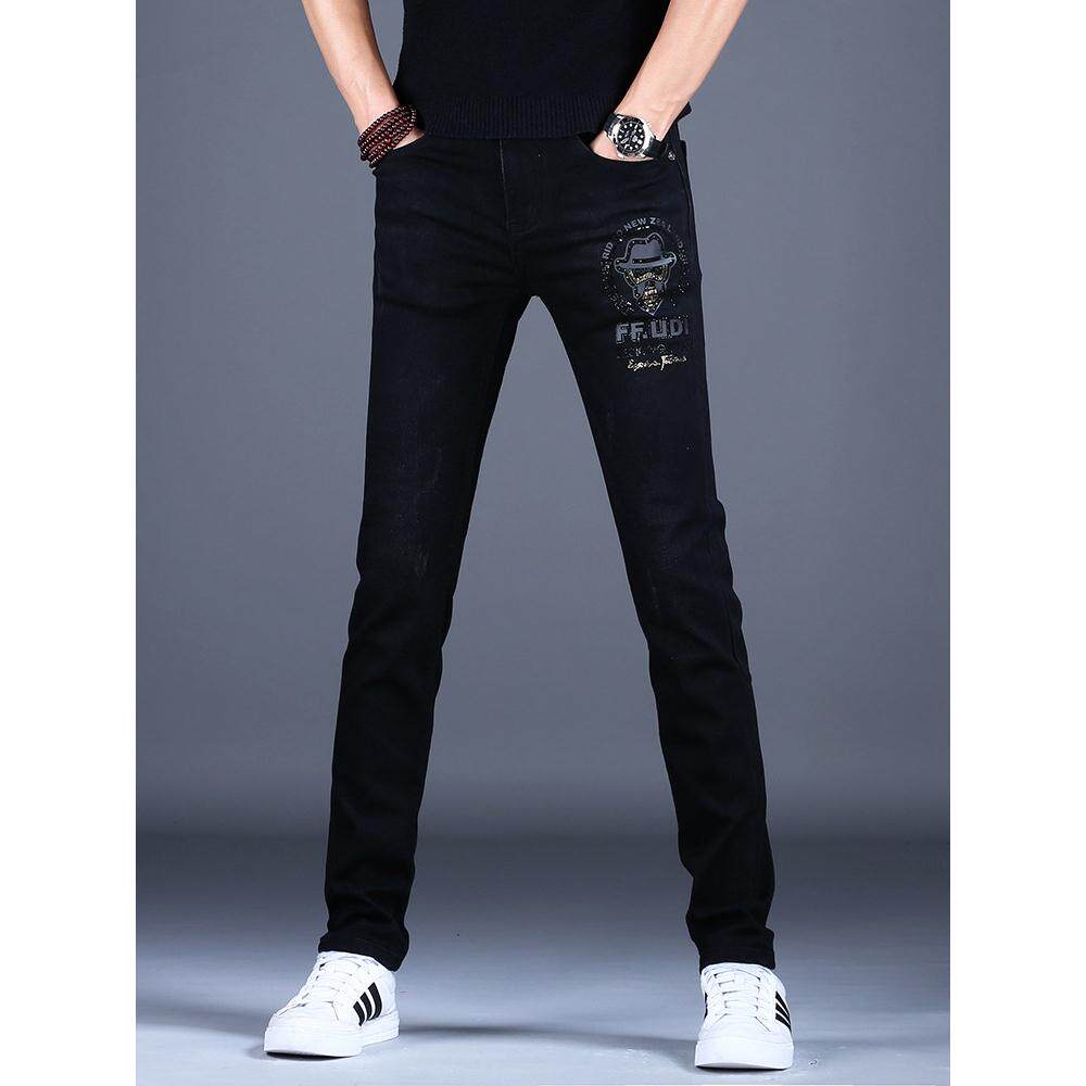 黑色烫钻牛仔裤男款潮牌修身小脚秋季2025新款裤子男高端弹力长裤