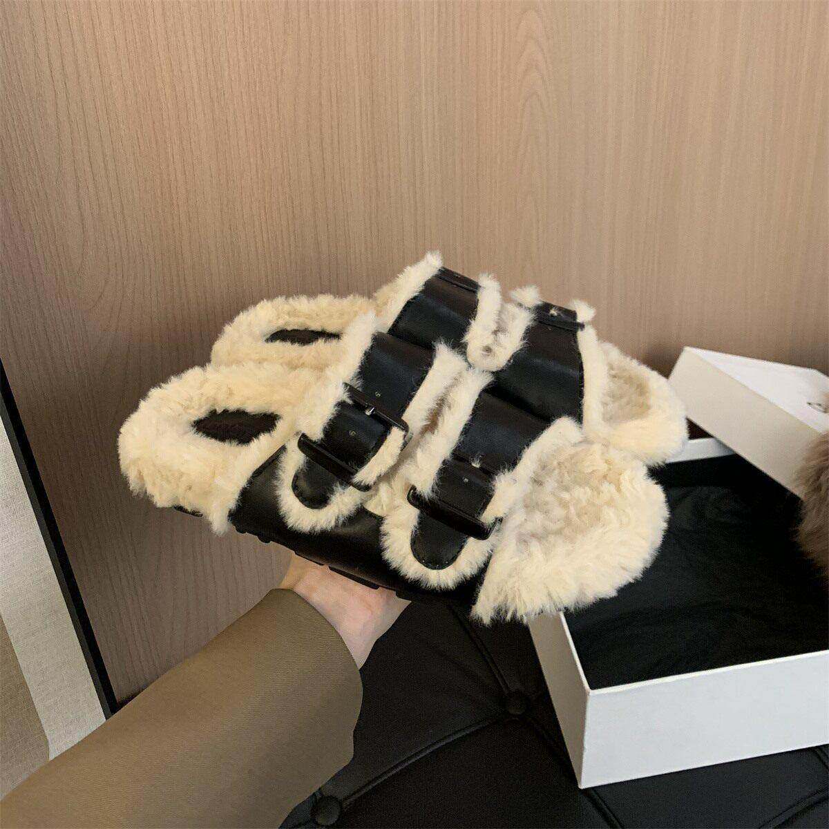 潮牌秋冬毛毛拖鞋女外穿法式气质时尚仙女风软平底加绒棉拖勃肯鞋